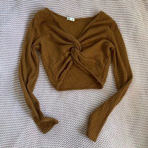 soft brown waffle crop twist front long sleeve top